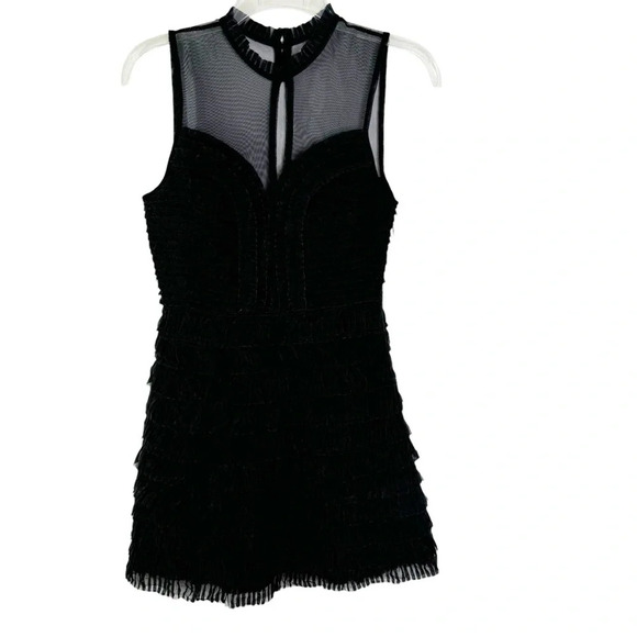 Free People Black Mesh Pleated Ruffle Tiered Mini Cocktail Party Dress Size 0 - Picture 5 of 12